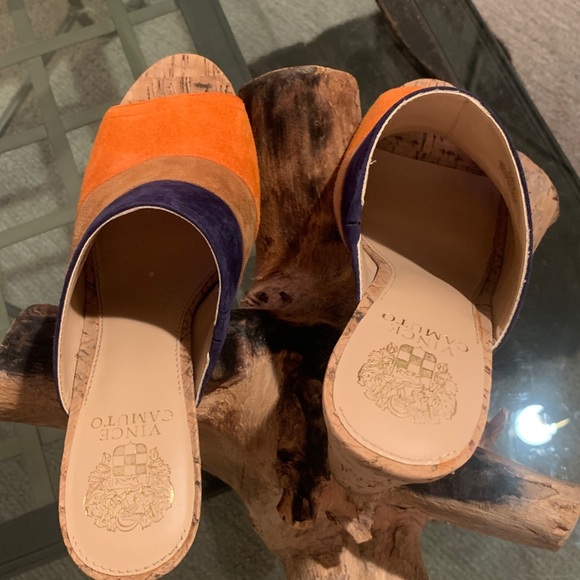 New Vince Camuto Vella Color Block Leather Slide Mule Cork Heel Slip On Peep Toe - Picture 4 of 8